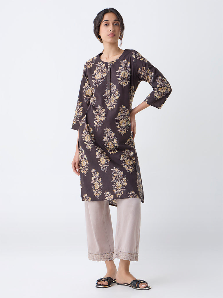 Utsa Dark Brown Foliage Printed Straight Cotton Kurta