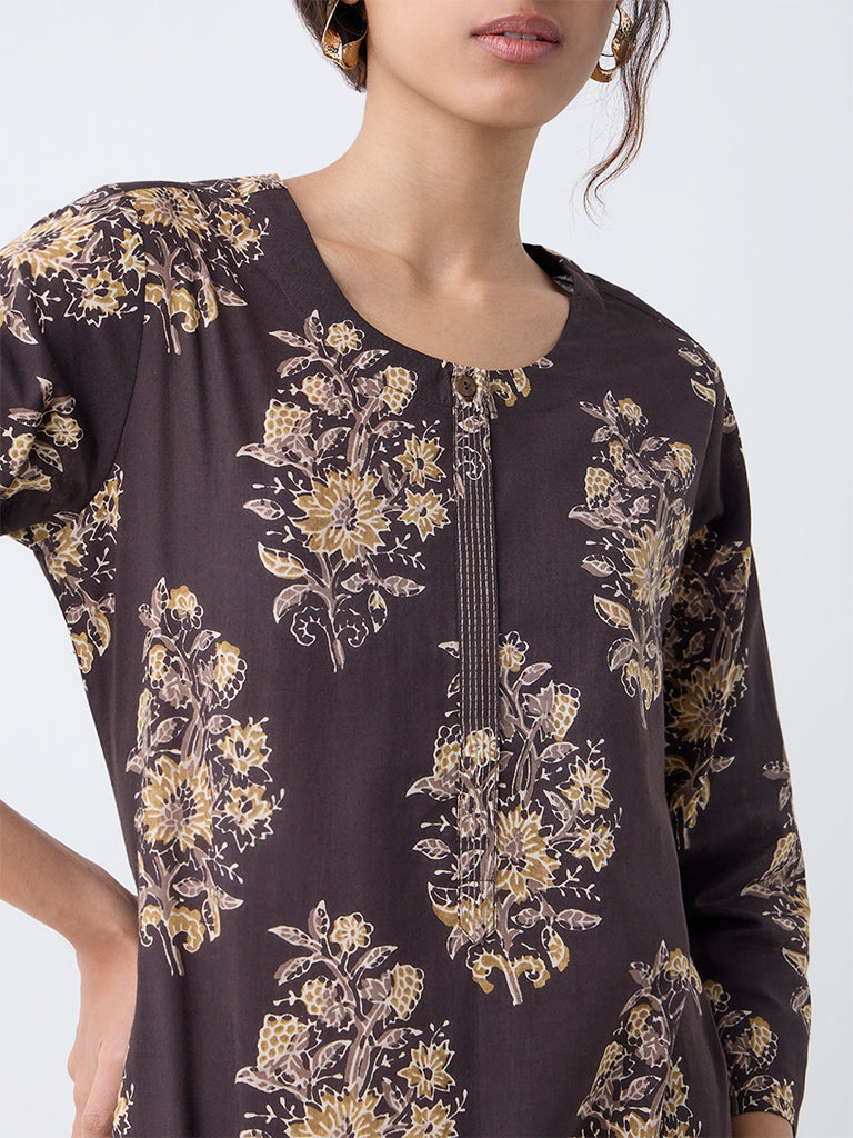 Utsa Dark Brown Foliage Printed Straight Cotton Kurta