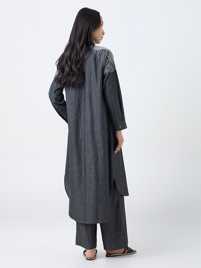 Utsa Black Embroidered Denim A-Line Kurta