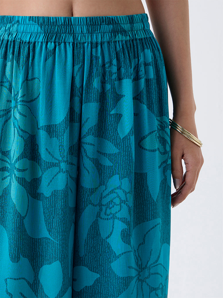 Utsa Teal Floral Pattern Cotton Ethnic Pants