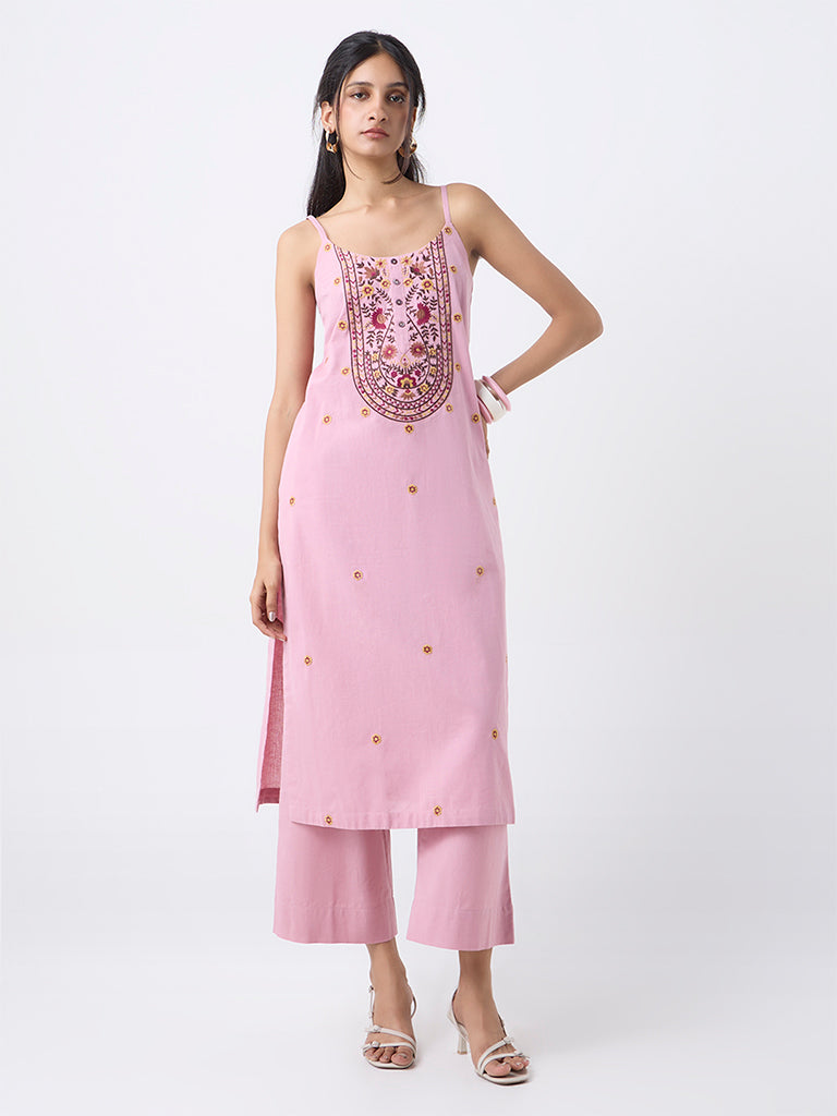 Utsa Dusty Pink Solid Cotton-Blend Pants