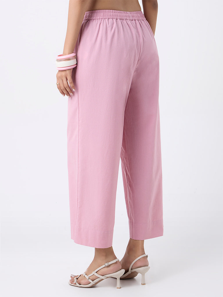 Utsa Dusty Pink Solid Cotton-Blend Pants