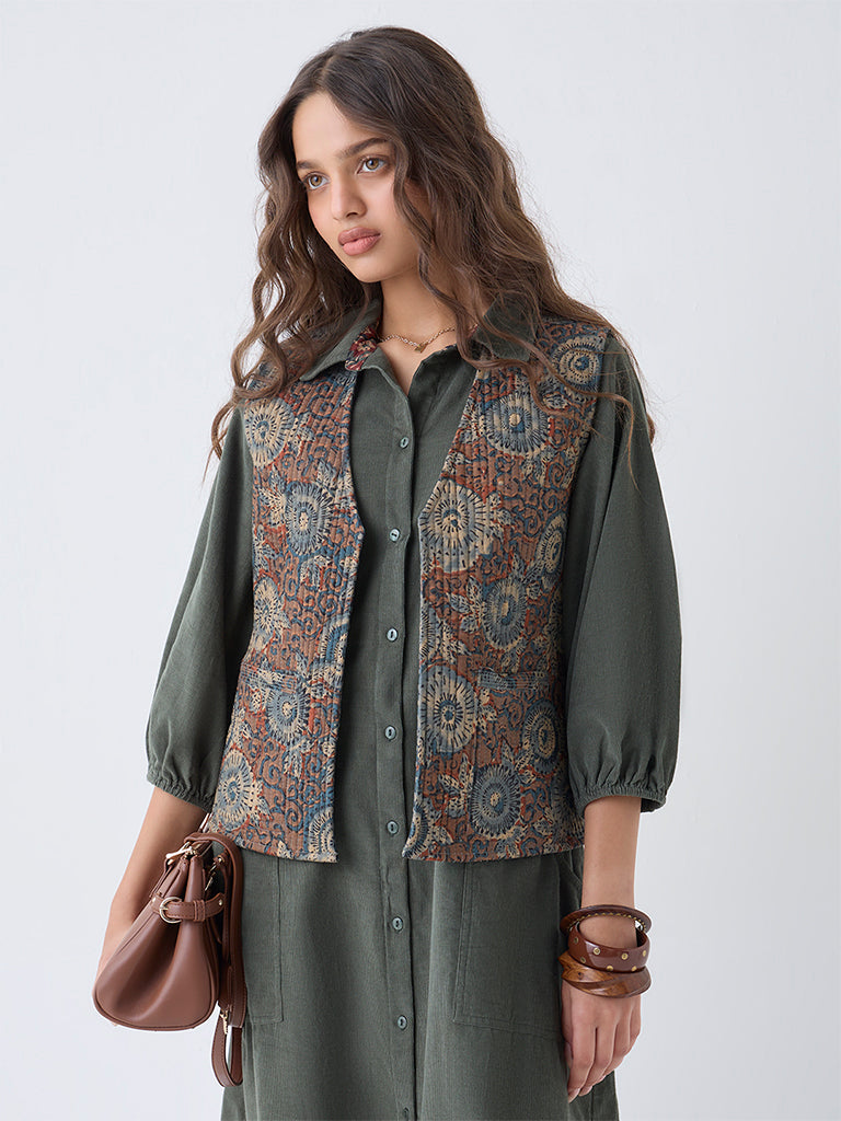 Utsa Olive Printed Reversible Cotton Jacket