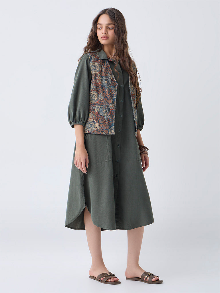 Utsa Olive Printed Reversible Cotton Jacket