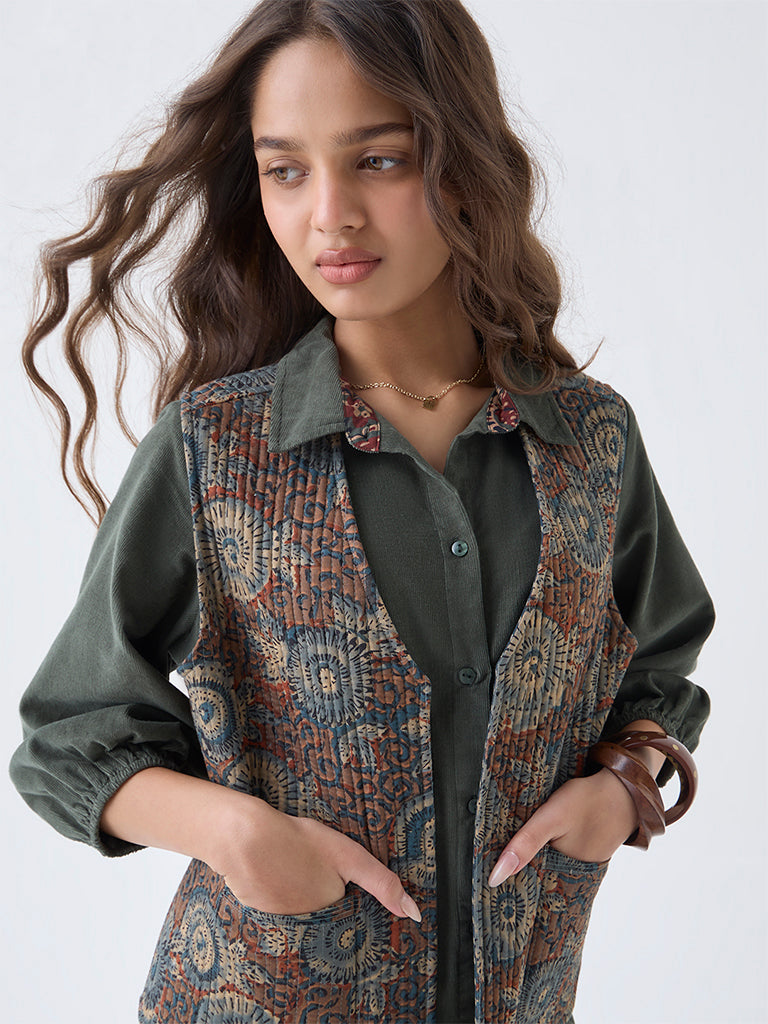 Utsa Olive Printed Reversible Cotton Jacket