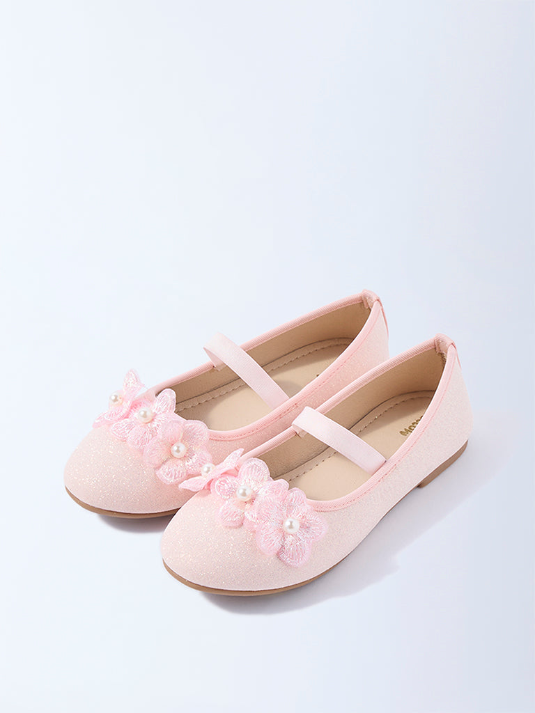 Yellow Light Pink Floral Detailed Mary Jane Shoes
