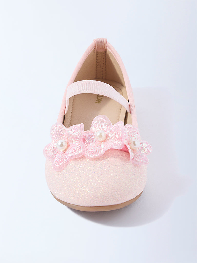 Yellow Light Pink Floral Detailed Mary Jane Shoes