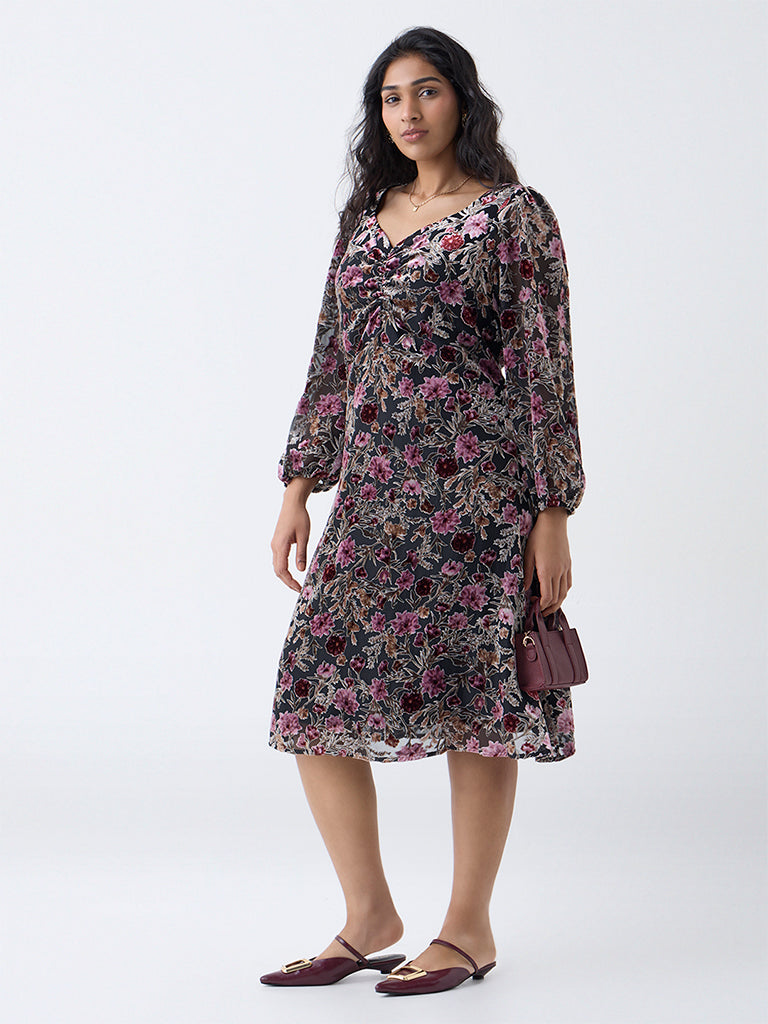 Gia Multicolour Floral Pattern Velvet A-Line Dress
