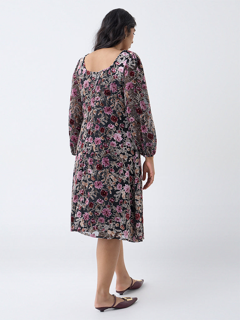 Gia Multicolour Floral Pattern Velvet A-Line Dress
