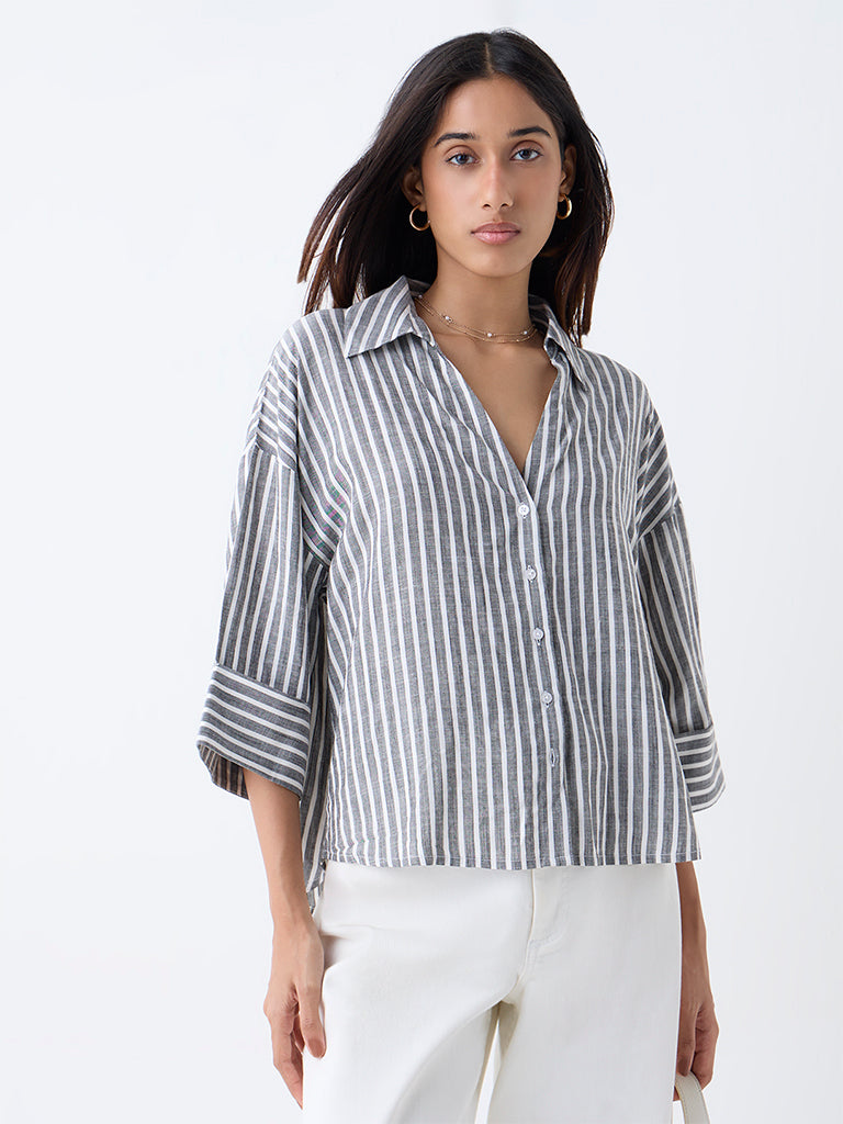 LOV Grey Stripe Printed Shirt