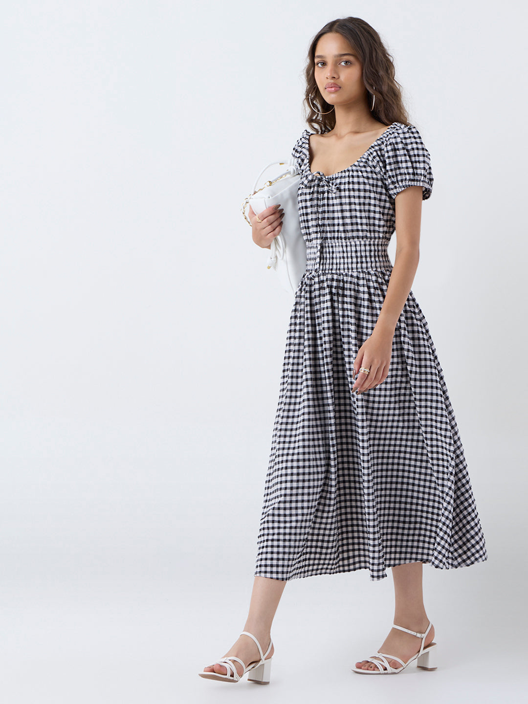 LOV Black Checkered A-Line Cotton Dress