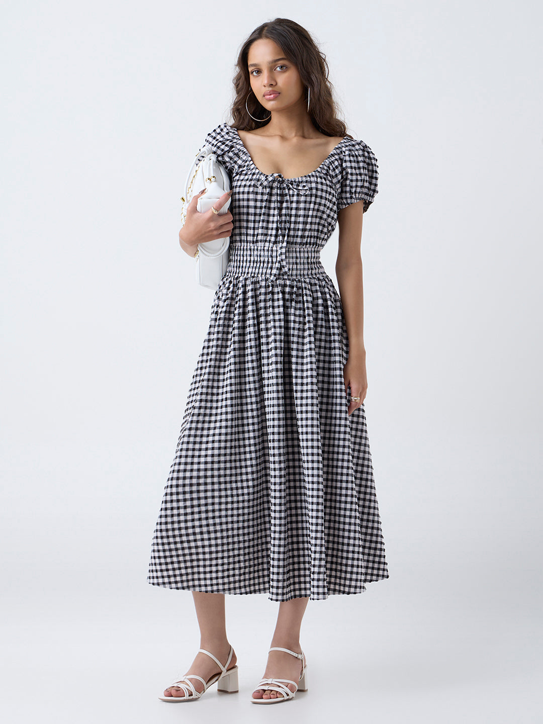 LOV Black Checkered A-Line Cotton Dress