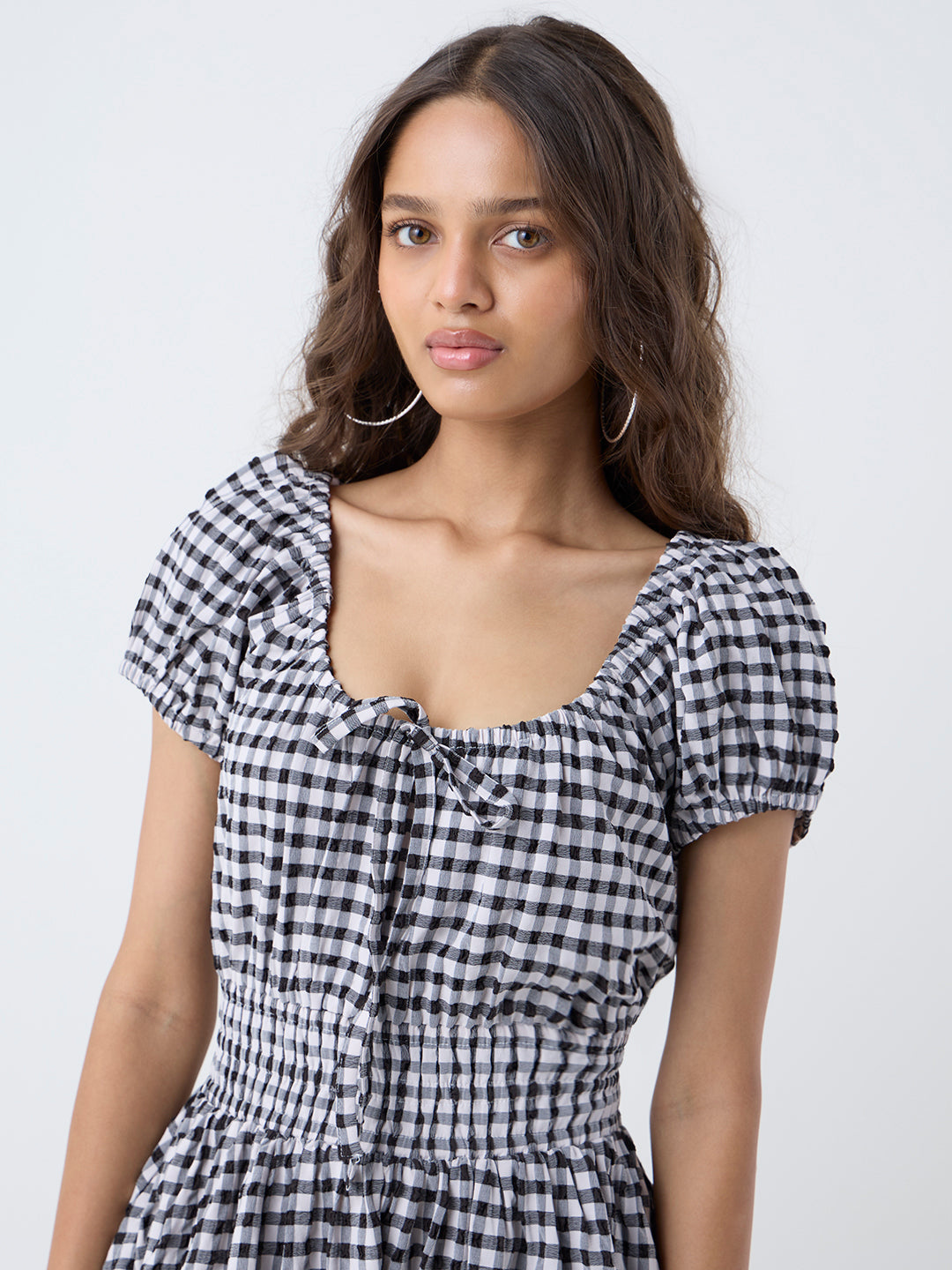 LOV Black Checkered A-Line Cotton Dress