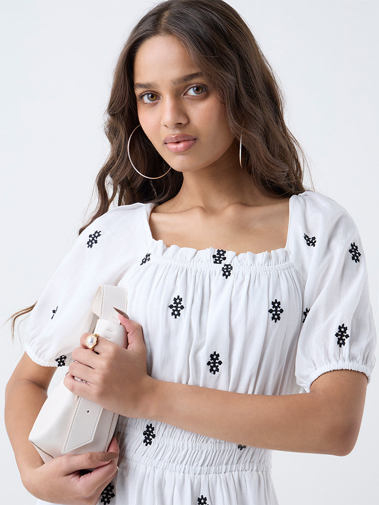LOV White Embroidered A-Line Dress