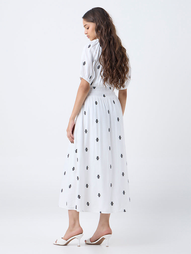 LOV White Embroidered A-Line Dress
