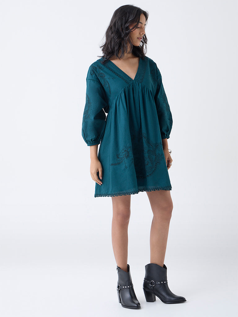 LOV Teal Embroidered Cotton A-Line Dress