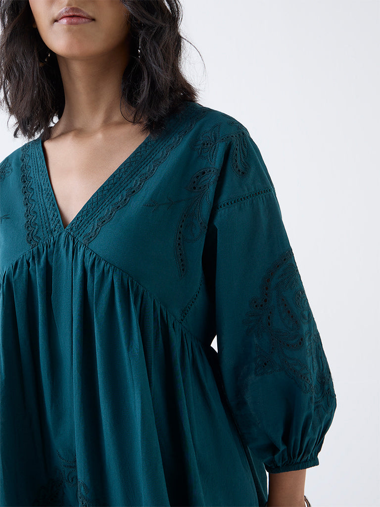 LOV Teal Embroidered Cotton A-Line Dress