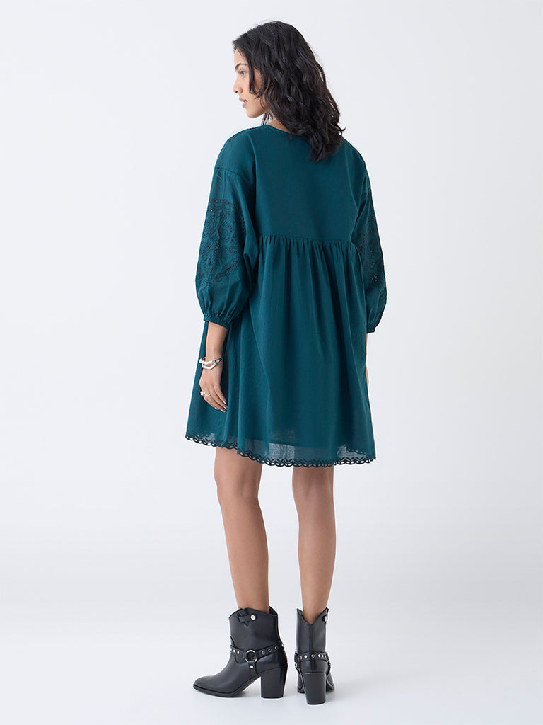 LOV Teal Embroidered Cotton A-Line Dress