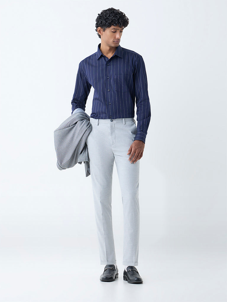 WES Formals Navy Pinstriped Relaxed-Fit Cotton Shirt