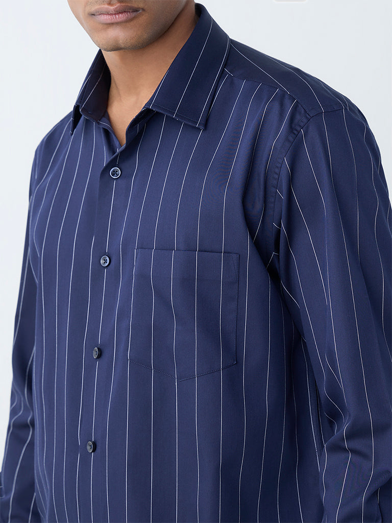 WES Formals Navy Pinstriped Relaxed-Fit Cotton Shirt