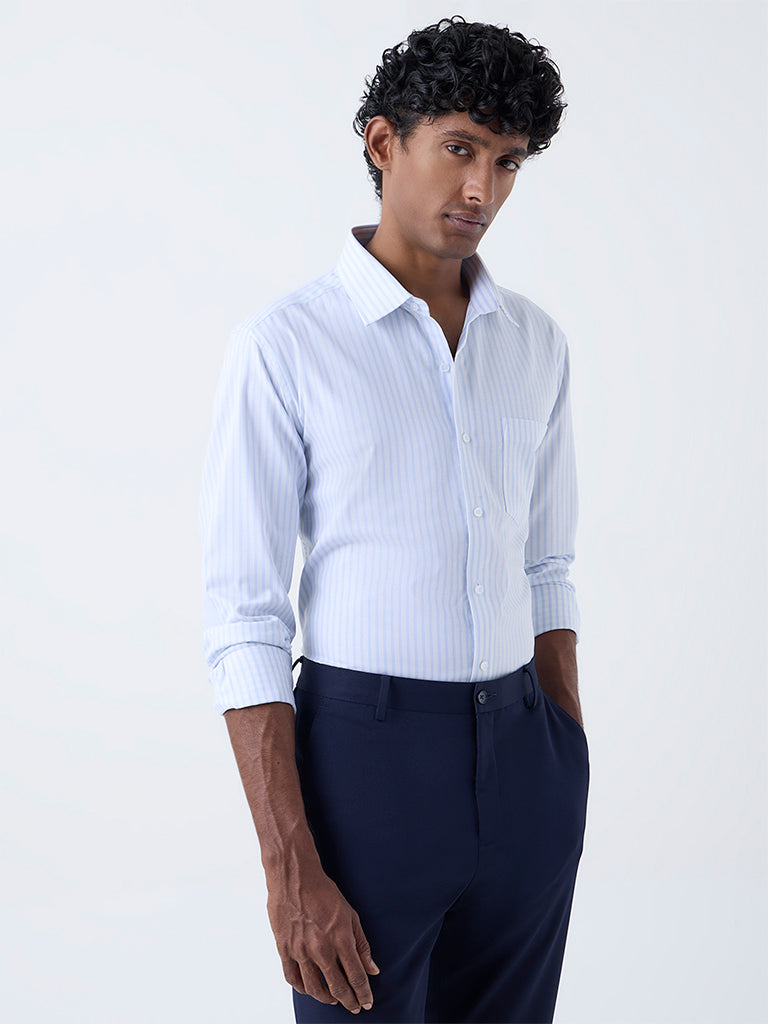 WES Formals Blue Stripe Slim-Fit Cotton Shirt