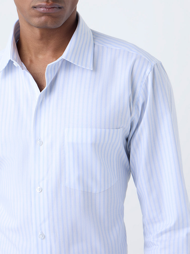 WES Formals Blue Stripe Slim-Fit Cotton Shirt