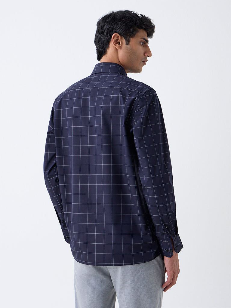 WES Formals Dark Navy Checks Design Relaxed-Fit Cotton Shirt