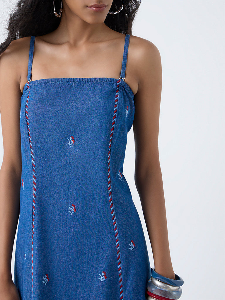 Bombay Paisley Blue Floral Embroidered Denim A-Line Dress