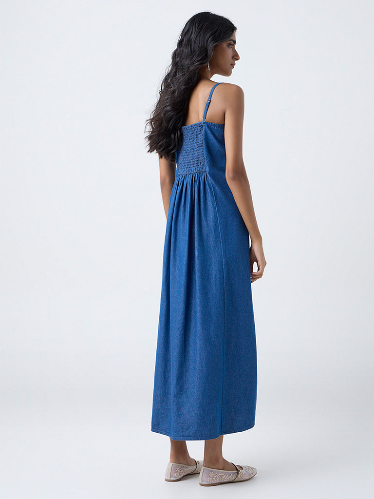 Bombay Paisley Blue Floral Embroidered Denim A-Line Dress