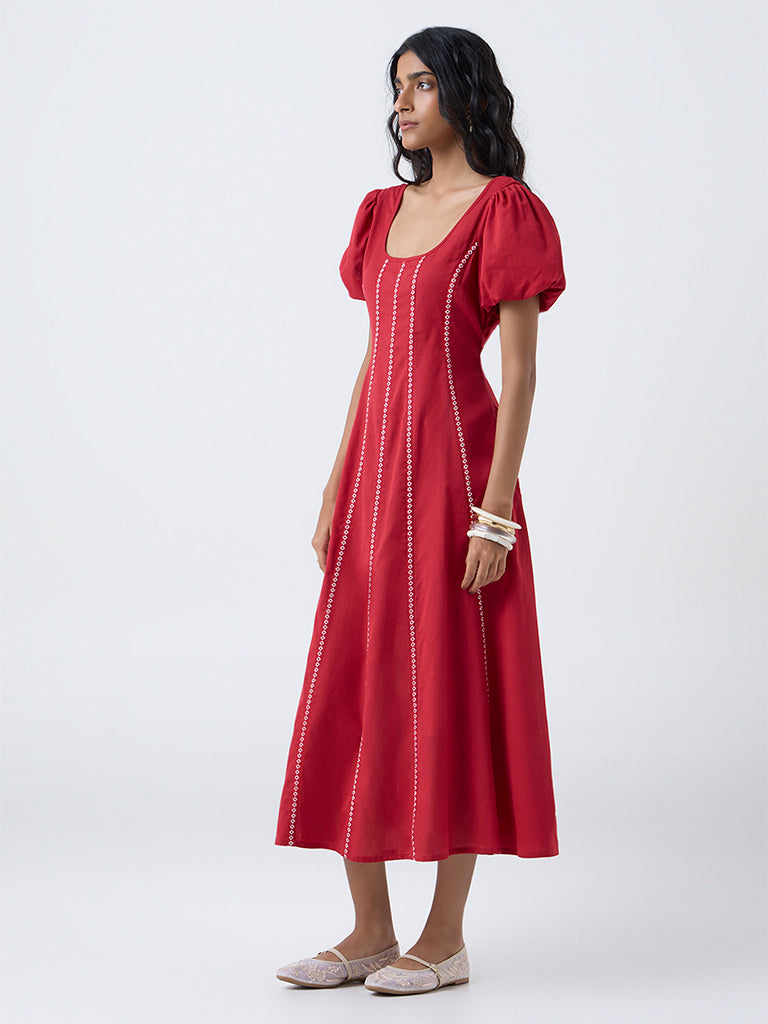 Bombay Paisley Red Striped Cotton-Blend A-Line Dress