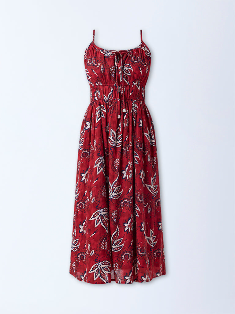 Bombay Paisley Red Floral Design Cotton A-Line Dress