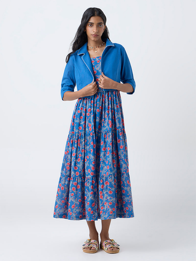Bombay Paisley Blue Floral Cotton Tiered Dress with Jacket