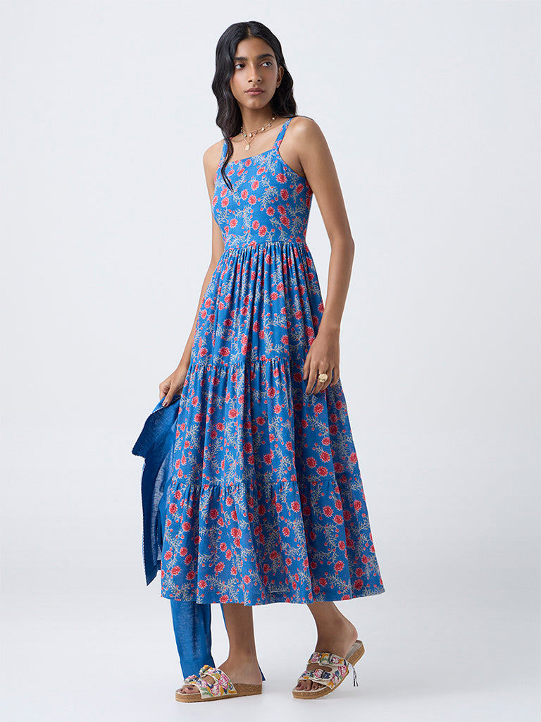 Buy Bombay Paisley Blue Floral Cotton Tiered Dress with Jacket