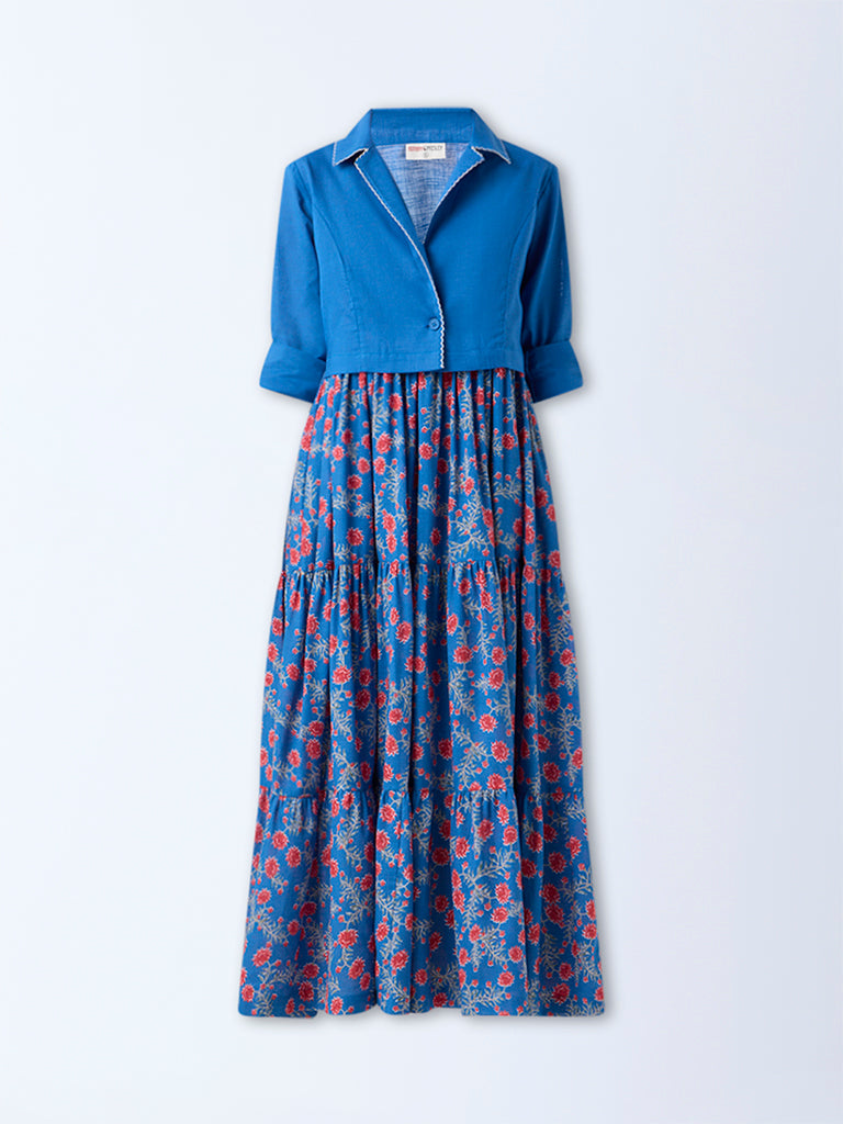Bombay Paisley Blue Floral Cotton Tiered Dress with Jacket