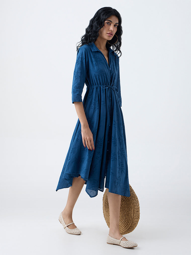 Bombay Paisley Blue Embroidered Cotton Asymmetrical Dress