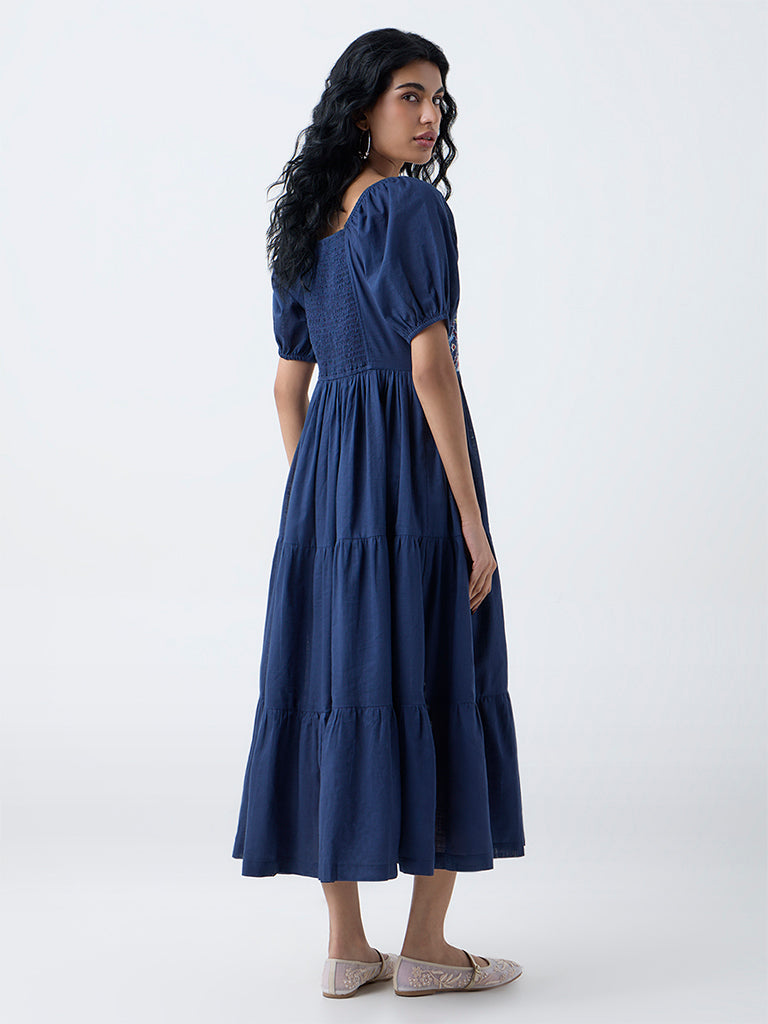 Bombay Paisley Blue Floral Embroidered Cotton Tiered Dress
