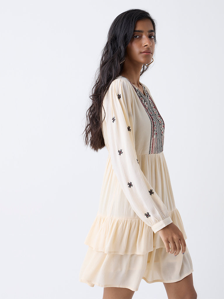 Bombay Paisley Cream Aztec Embroidered Cotton Tiered Dress