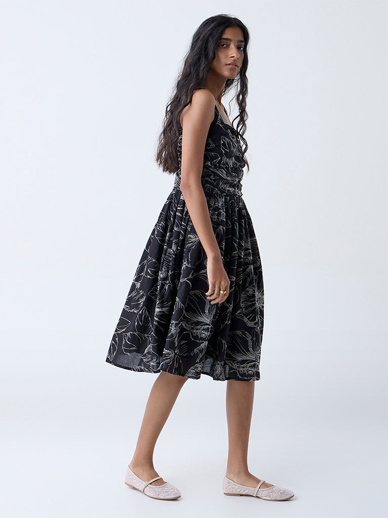 Bombay Paisley Black Floral Embroidered Cotton A-Line Dress