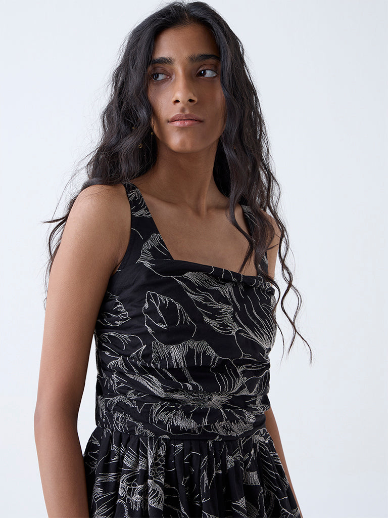 Buy Bombay Paisley Black Floral Embroidered Cotton A-Line Dress