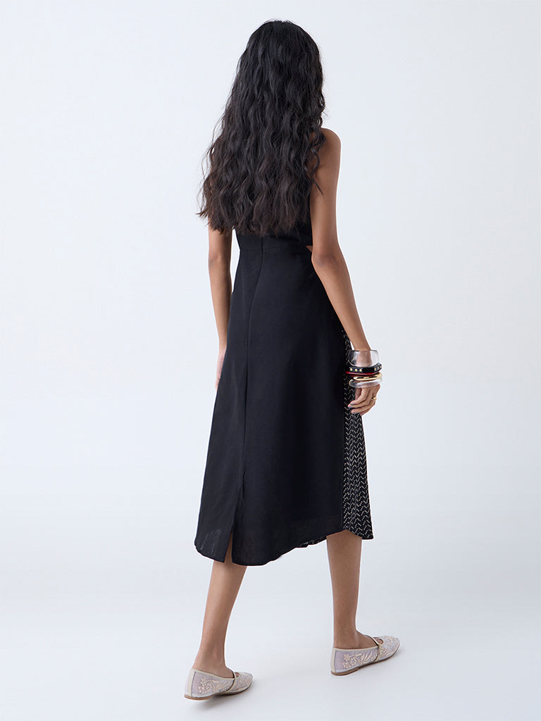 Bombay Paisley Black Printed Cotton-Blend A-Line Dress