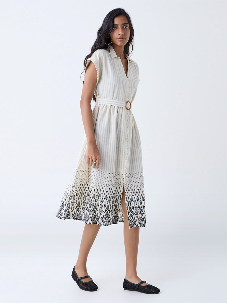 Bombay Paisley Off-White Cotton Shirt Dress with Belt