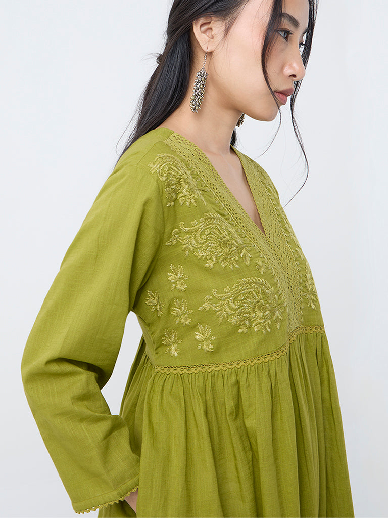 Utsa Lime Floral Embroidered Fit-and-Flare Cotton Kurta
