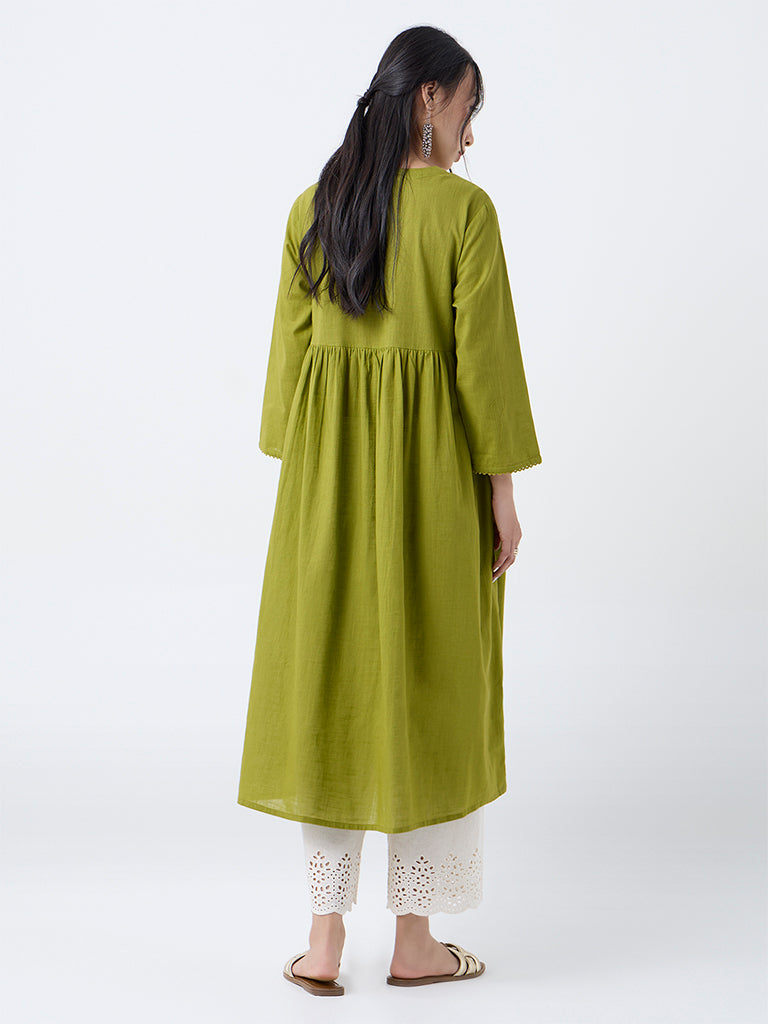 Utsa Lime Floral Embroidered Fit-and-Flare Cotton Kurta
