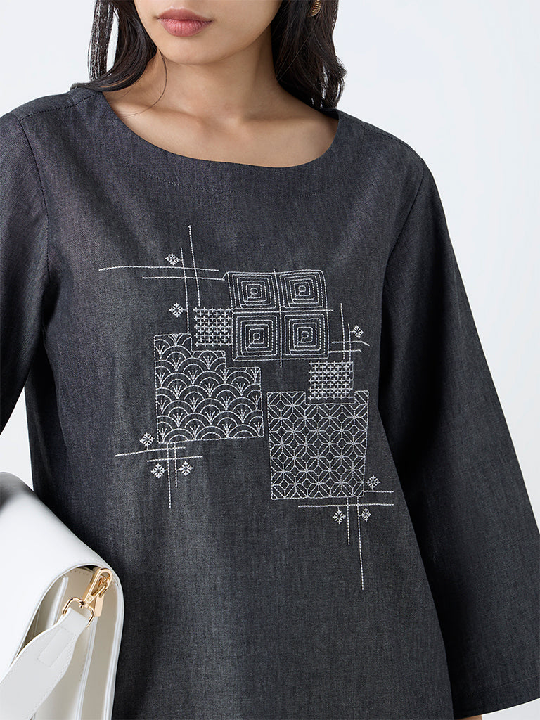 Utsa Black Embroidered Denim Tunic