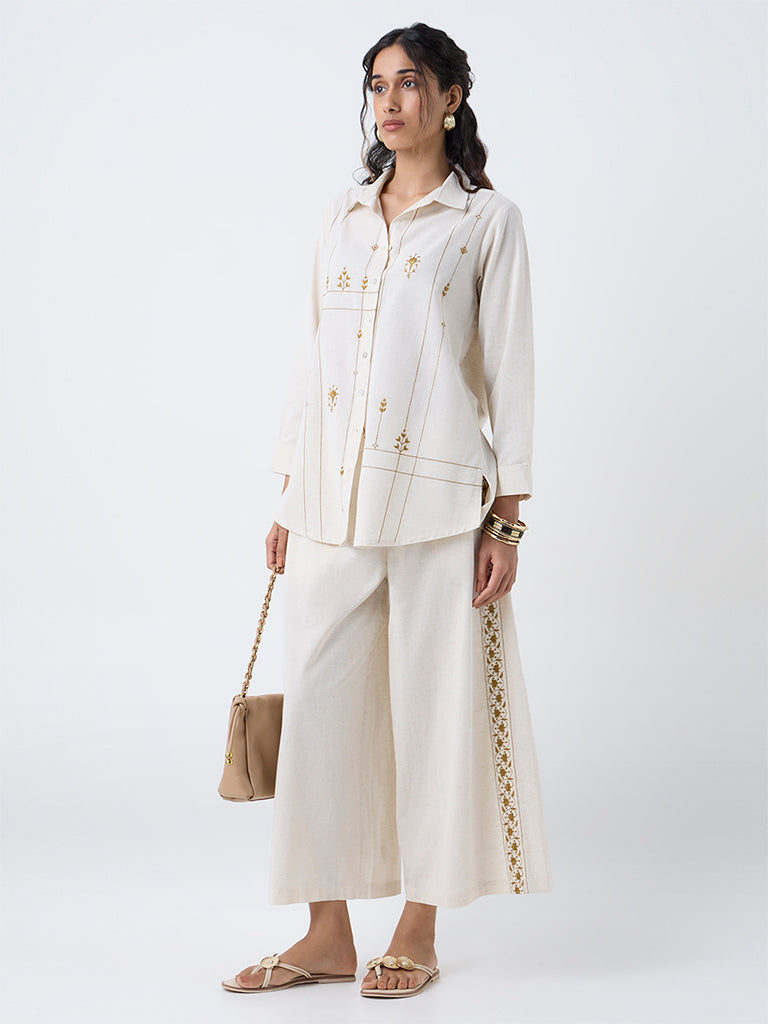 Utsa Beige Embroidered Cotton-Blend Tunic