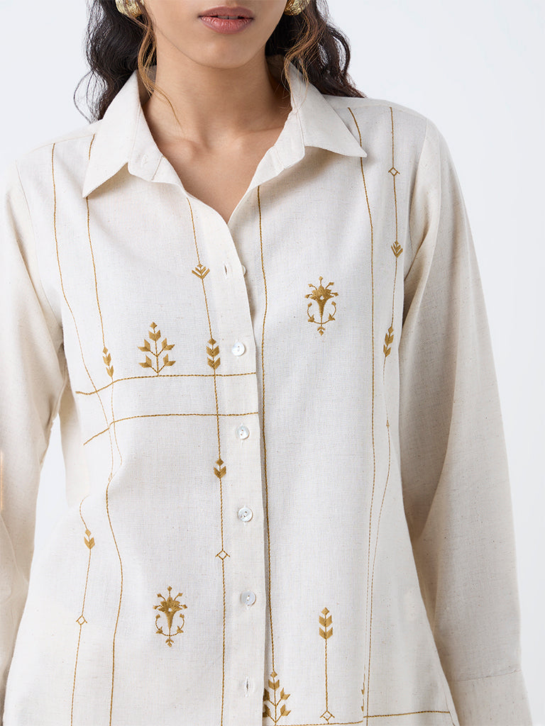 Utsa Beige Embroidered Cotton-Blend Tunic