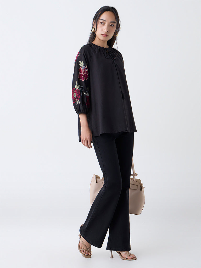 Utsa Black Floral Embroidered Cotton Tunic