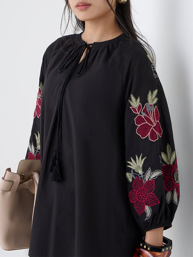 Utsa Black Floral Embroidered Cotton Tunic