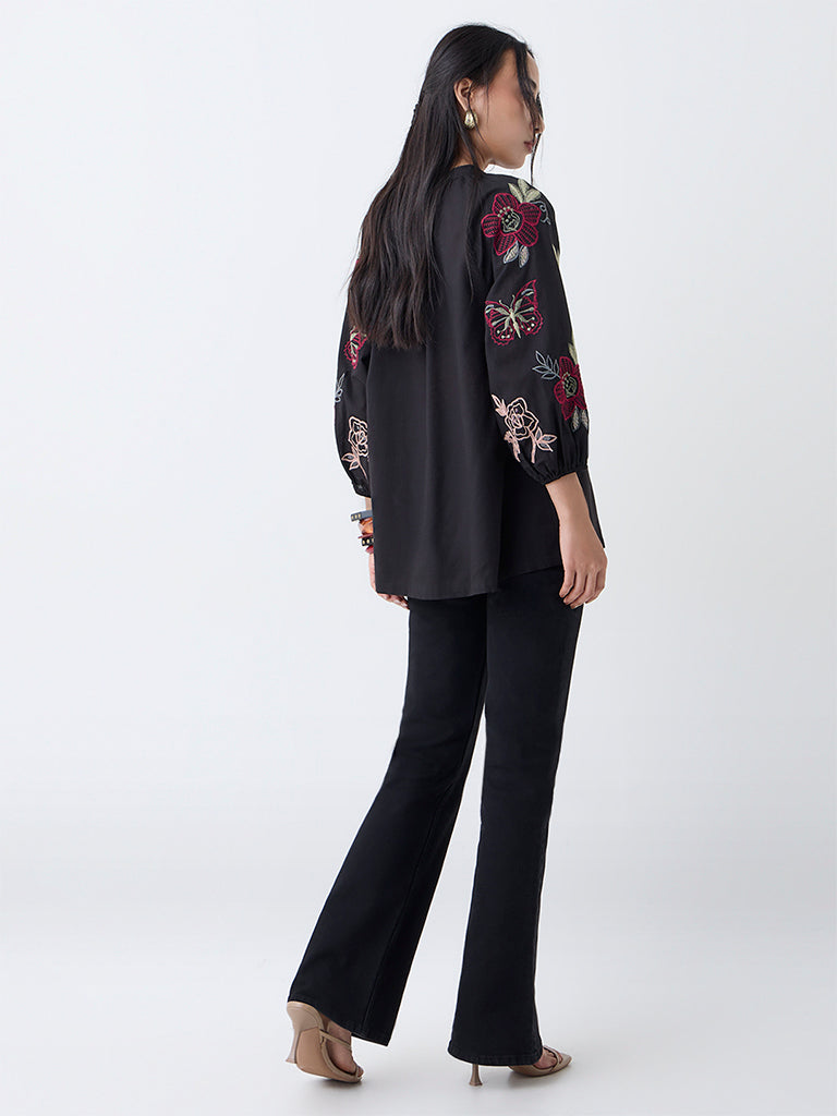 Utsa Black Floral Embroidered Cotton Tunic
