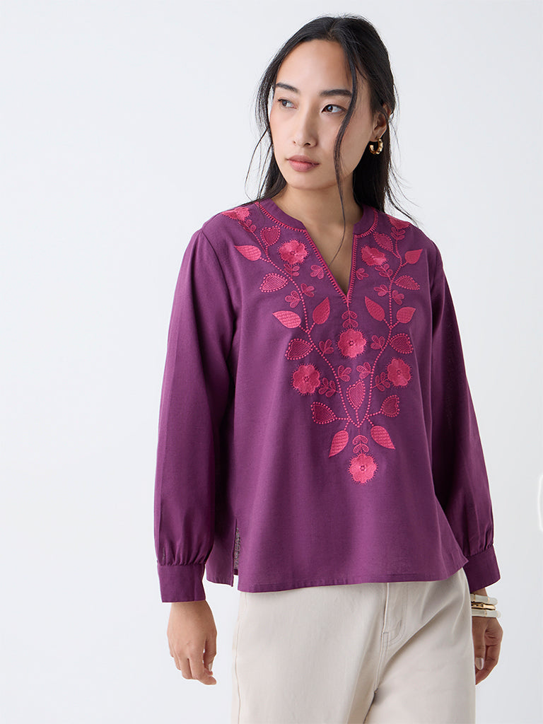 Utsa Plum Botanical Embroidered Cotton-Blend Top
